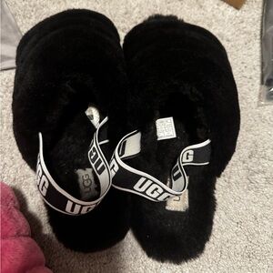 UGG Black Fluffy Slides with Logo Strap